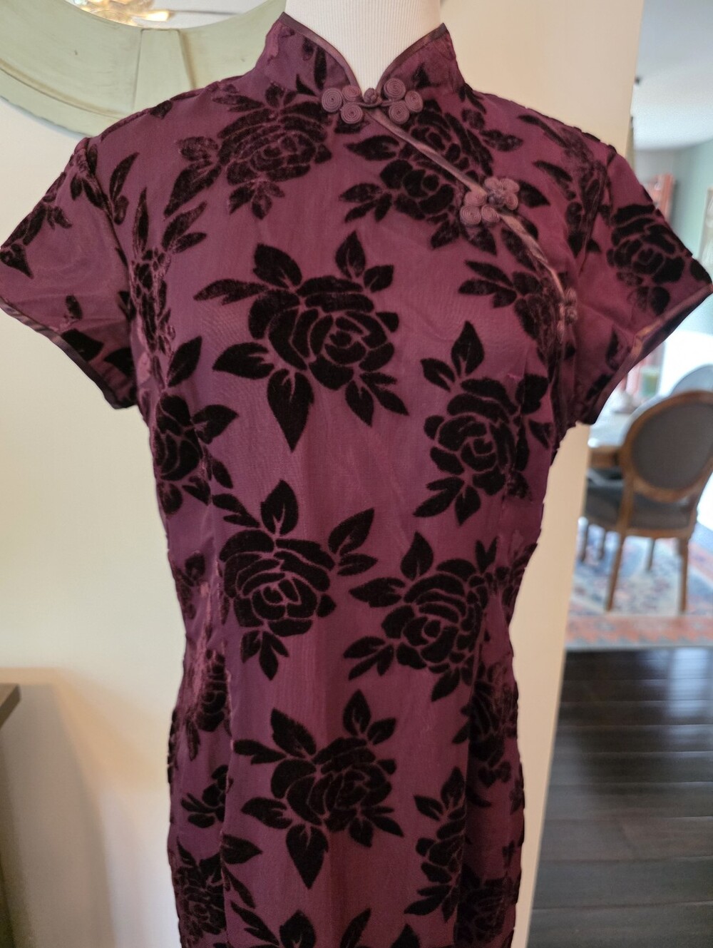 Robbie Bee Vintage Size 10 Velvet Burnout Asian Inspired Maxi Dress Burgundy - Picture 3 of 12